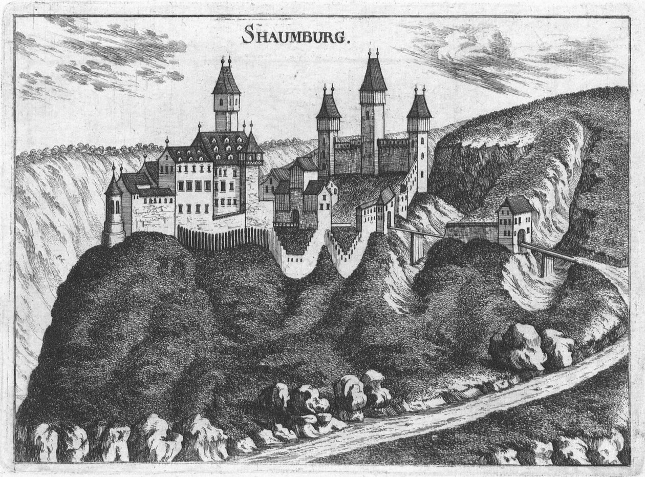 Gravering, utsikt over Schaunburg slott, Øvre Østerrike av Georg Matthäus  Vischer