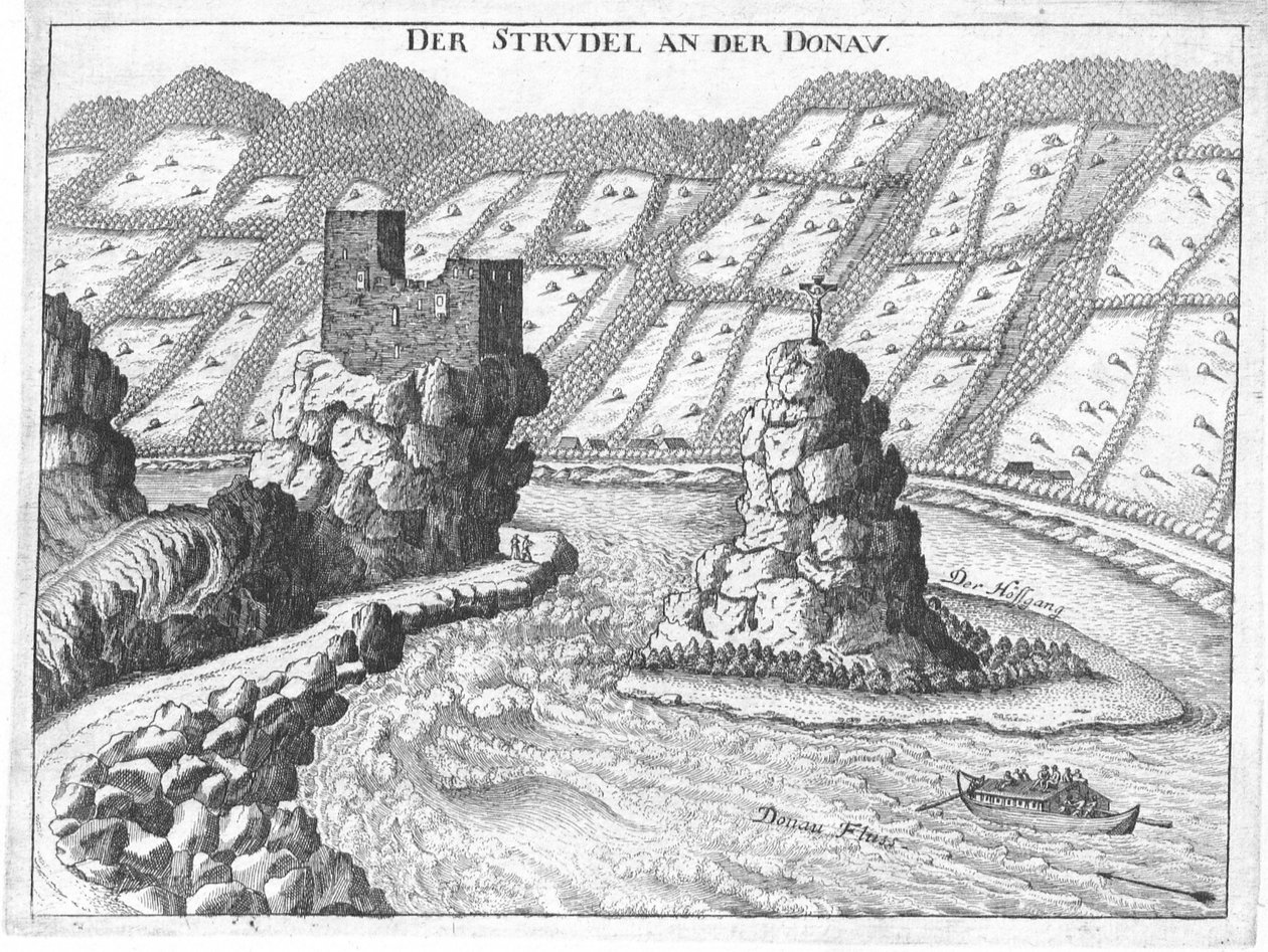 Gravering, utsikt over Werfenstein slott og øya Wörth, Øvre Østerrike av Georg Matthaus Vischer