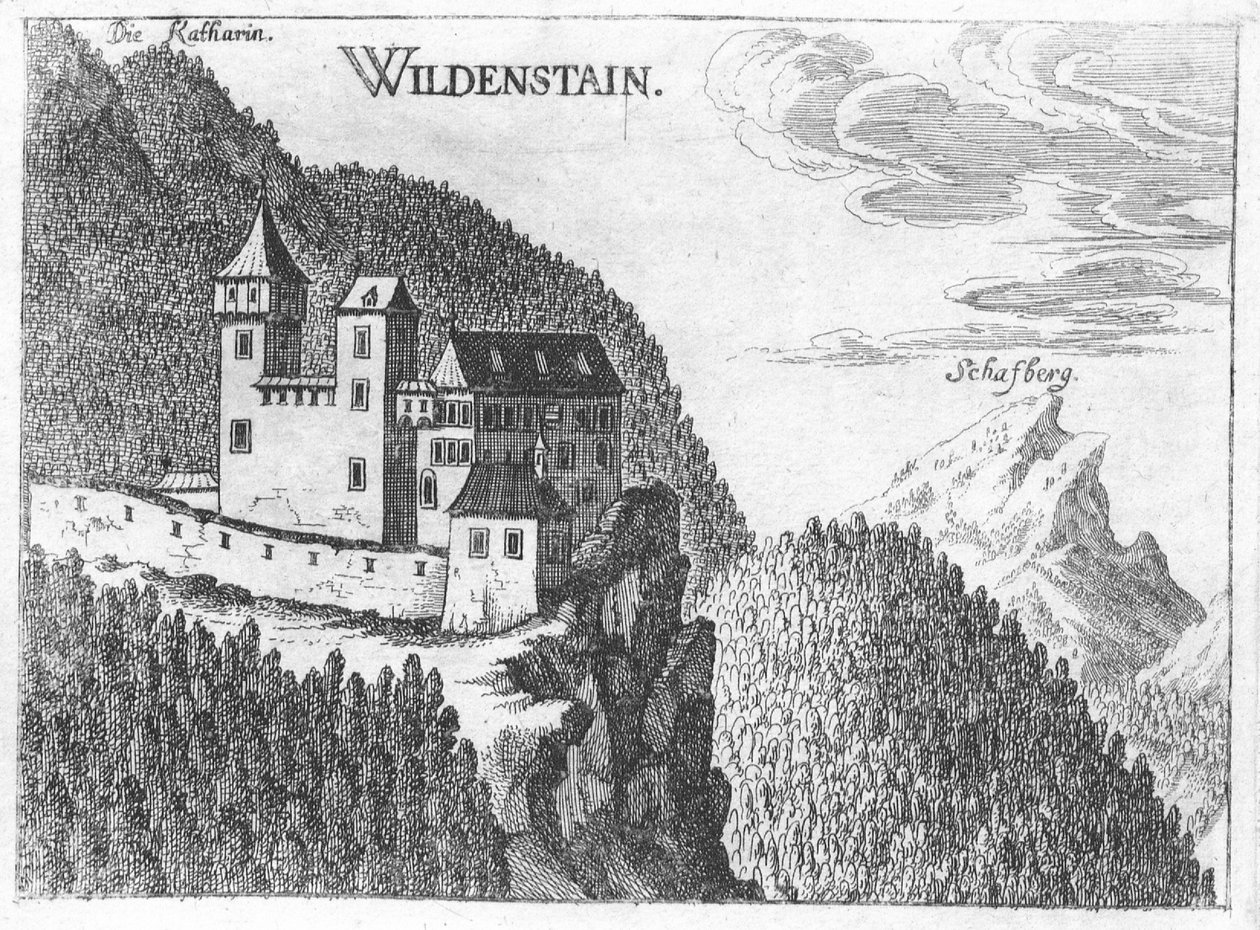 Gravering, utsikt over Wildenstein slott, Øvre Østerrike av Georg Matthaus Vischer