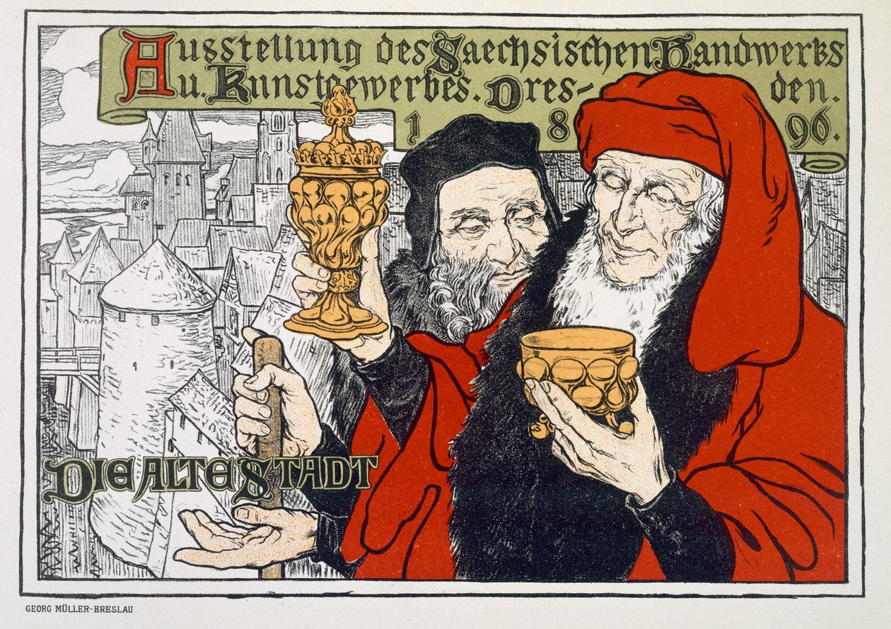 Plakat som reklamerer for kunst- og håndverksutstillingen i Dresden, Tyskland som skal holdes i gamlebyen, 1896 av Georg Muller Breslau