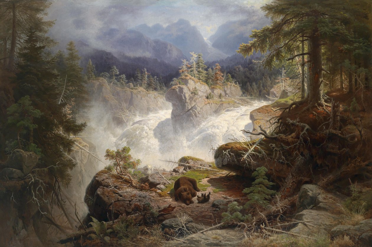Bjørnefamilie i et bredt fjellandskap av Georg Eduard Otto Saal