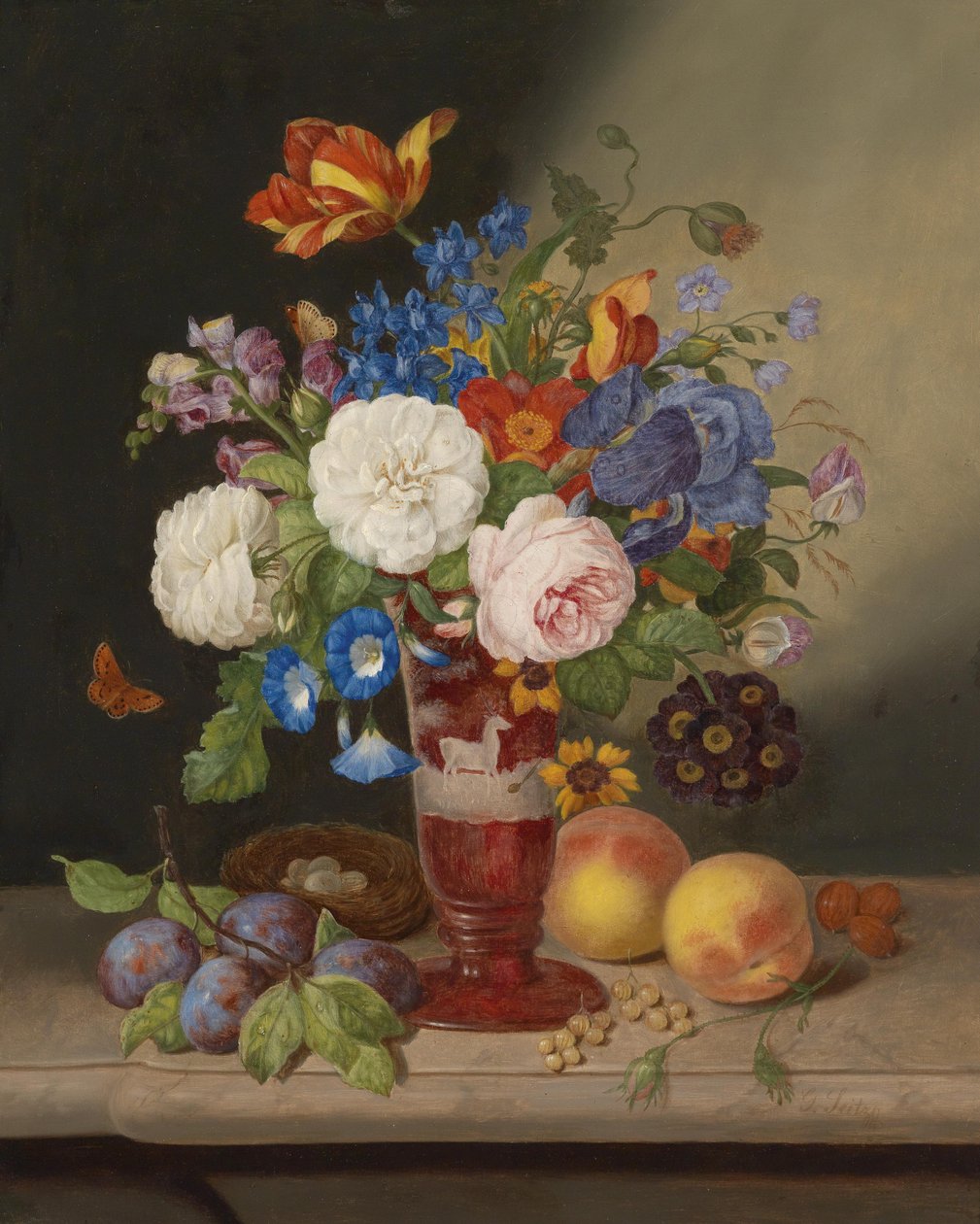 Bukett blomster i en vase omgitt av frukt av Georg Seitz