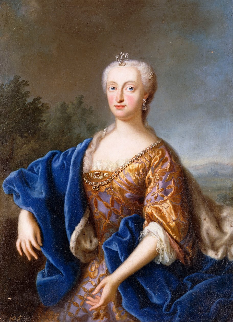 Portrett av Maria Amalia, stående trekvart lengde, iført en brodert kjole (olje på lerret) av Georg (circle of) Desmarees