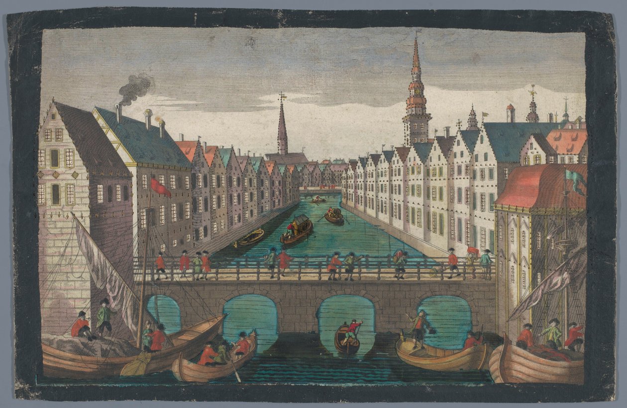 Utsikt over Nikolaifleet overfor Sankt Nikolaikirche i Hamburg Prospekt mot St. Nicolai Kirche zu Hamburg av Georg Balthasar Probst (possibly)