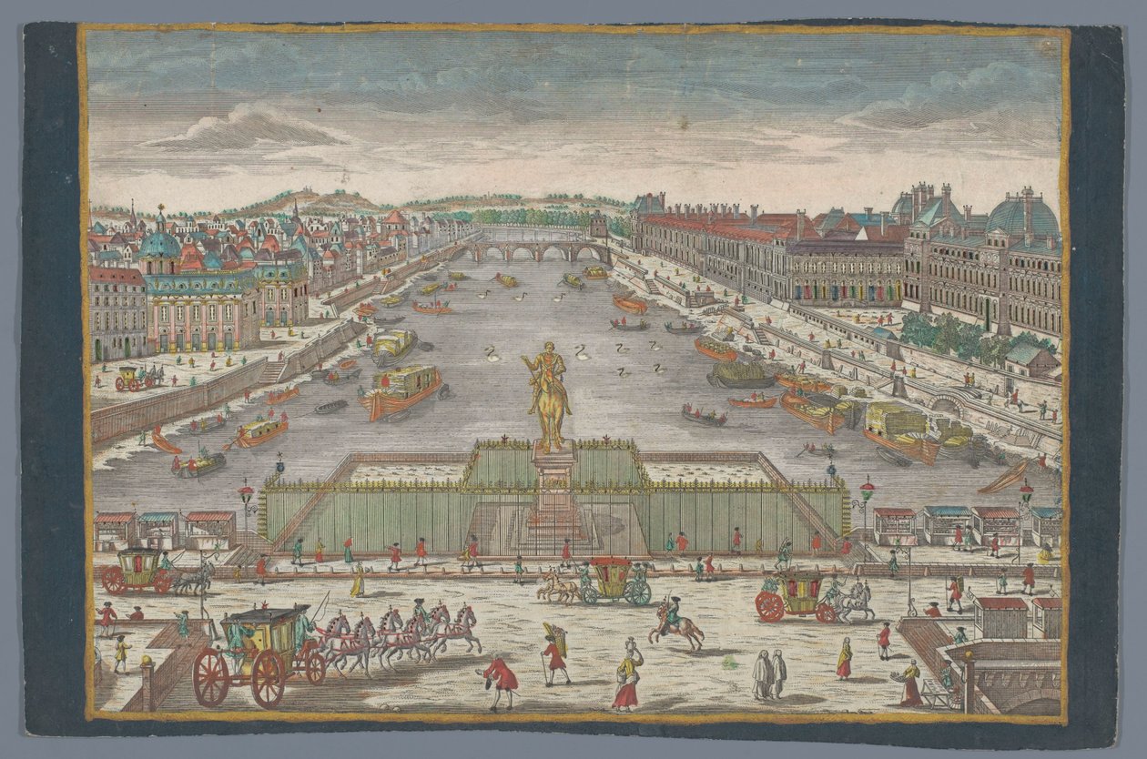 Utsikt over Pont Neuf over elven Seinen i Paris, med utsikt mot Pont Royal Gesicht der Neuen Bruck, gegen der Königl. Bruck til Paris av Georg Balthasar Probst (possibly)