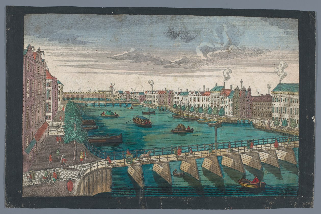 Utsikt over Binnen-Amstel mellom Blauwbrug og Hogesluis i Amsterdam Die Amstel von innen nach der blauen Brücke gegen der Wasser Schleuße zu Amsterdam (tittel på objekt) av Georg Balthasar Probst