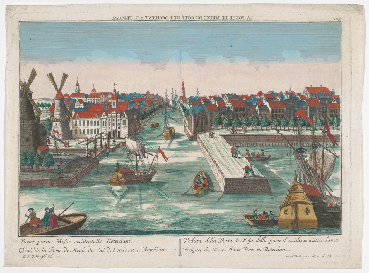 Utsikt over Wester Nieuwe Hoofdpoort og Ooster Nieuwe Hoofdpoort i Rotterdam Prospect der West-Maas Port zu Rotterdam (tittel på objekt) Rotterdam (serietittel) av Georg Balthasar Probst