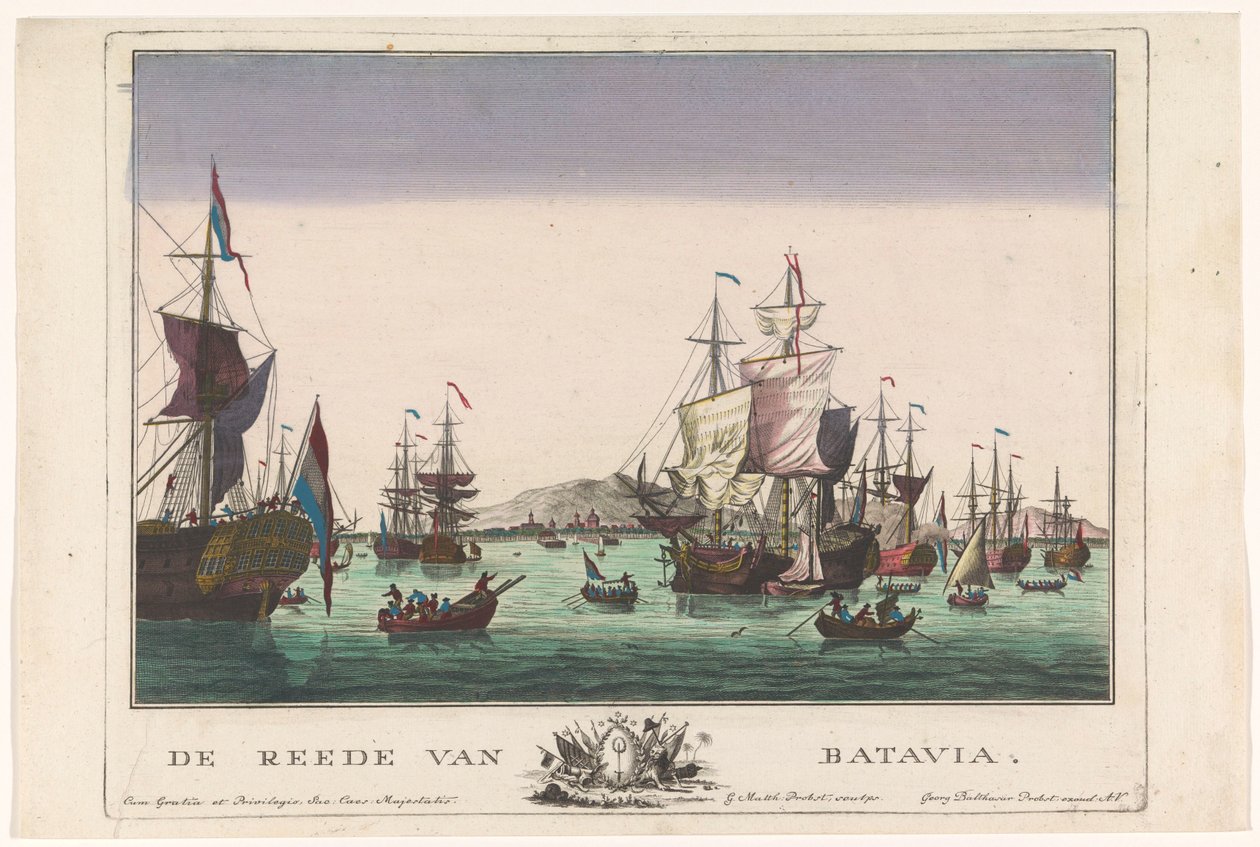 Utsikt over havnen i Batavia Veigården til Batavia (tittel på objekt) Havneutsikt (serietittel) av Georg Balthasar Probst