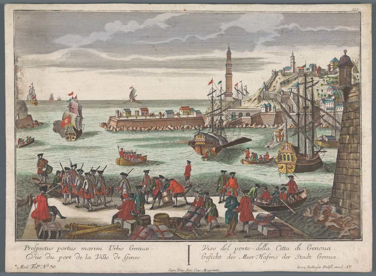 Utsikt over havnen i Genova Gesicht des Meer Hafens der Stadt Genova (tittel på objekt) Havneutsikt (serietittel) av Georg Balthasar Probst