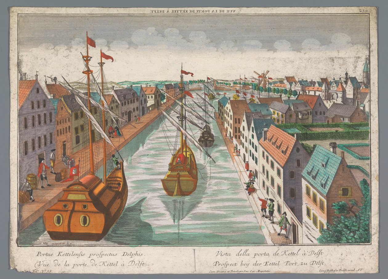 Utsikt over en kanal i nærheten av Ketelpoort i Delft Prospect bey der Kettel Port, zu Delft (tittel på objekt) Delft (serietittel) av Georg Balthasar Probst
