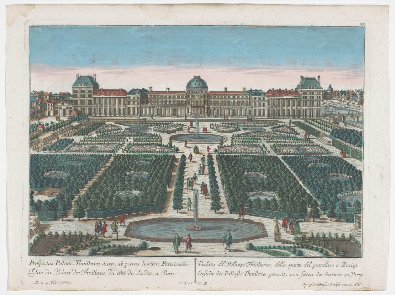 Utsikt over Palais des Tuileries i Paris sett fra Jardin des Tuileries Gesicht des Pallasts Thuilleries genannt, av seiten des Gartens zu Paris (tittel på objekt) Paris (serietittel) av Georg Balthasar Probst