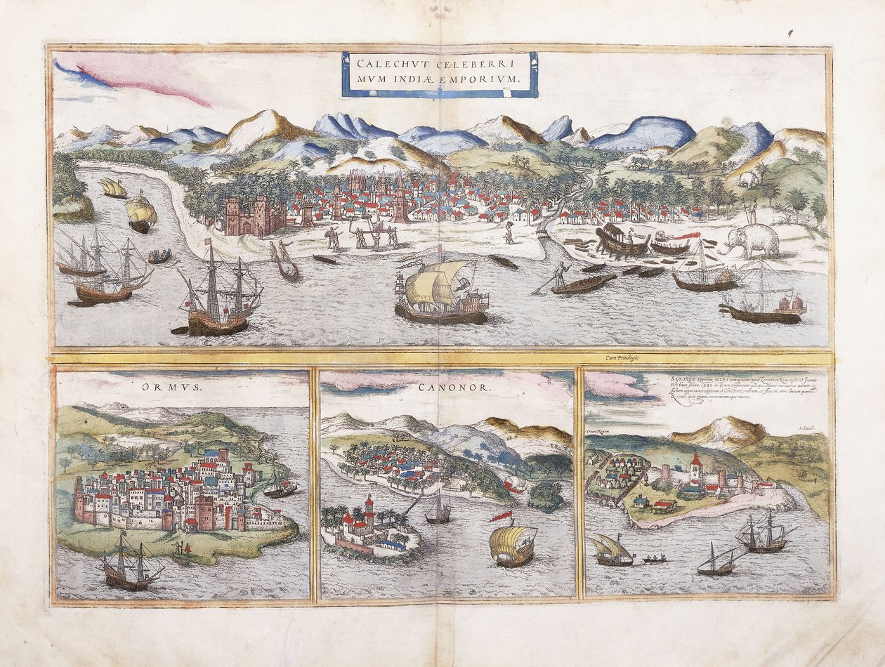 Utsikt over Calcutta, India, og under mindre utsikt over Ormuz ved inngangen til Persiabukta, Canonor i India og den portugisiske festningen El Mina i Vest-Afrika, 1572 av Georg Braun