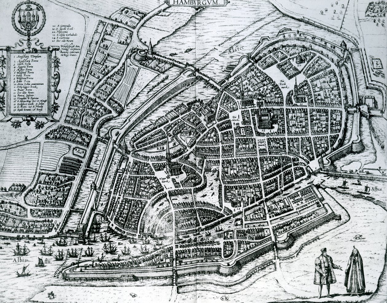 Kart over Hamburg, fra "Cities of the World" av Georg Braun und Franz Hogenberg