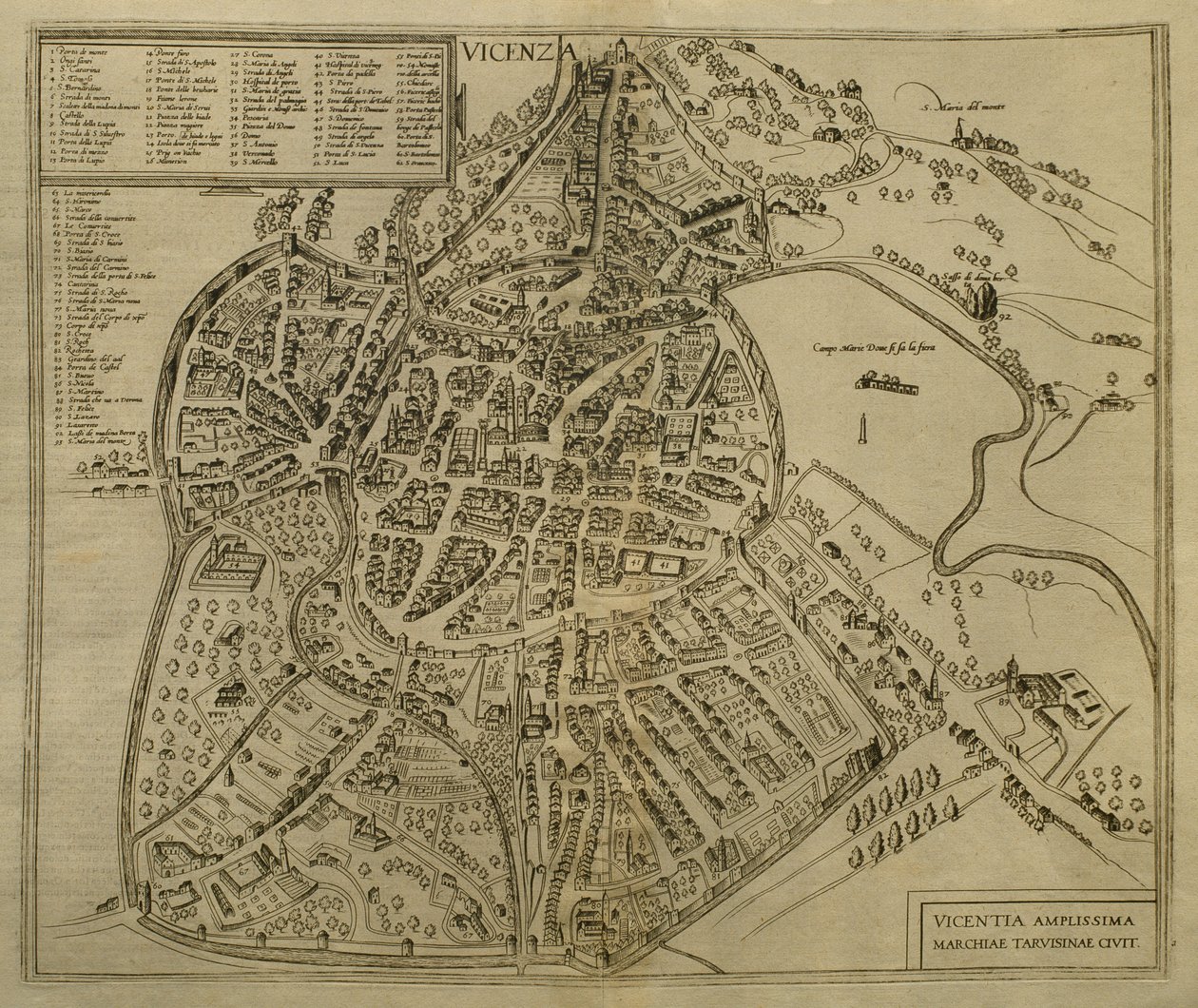 Kart over Vicenza, illustrasjon fra 'Cities of the World', ca. 1580 av Georg Braun und Franz Hogenberg
