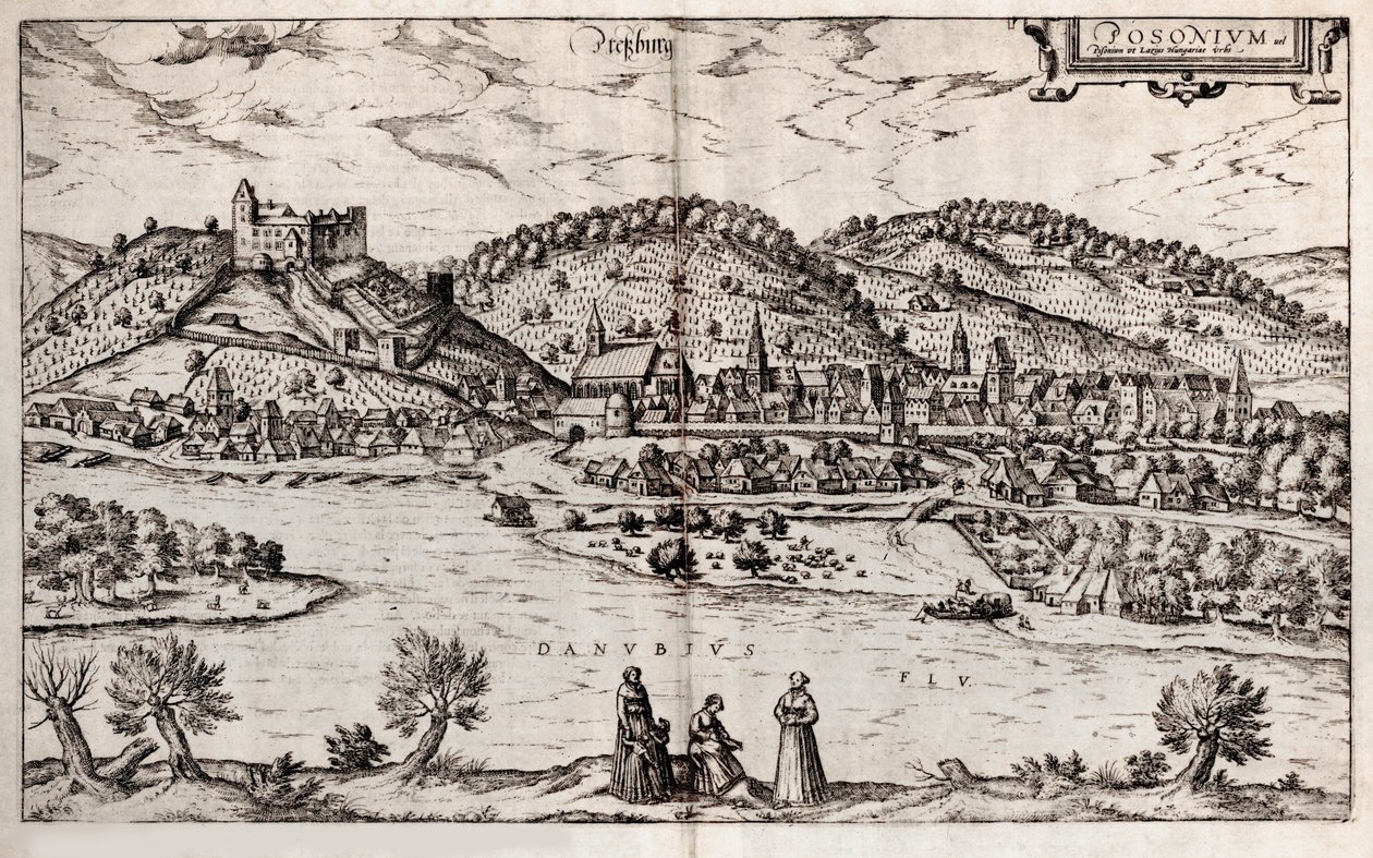 Pressburg Bratislava. Fra: World Earthquake, 1588 av Georg Braun und Franz Hogenberg
