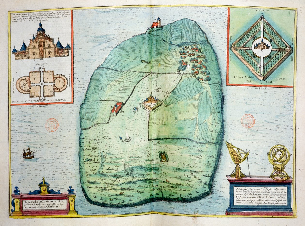 Slottet og observatoriet i Uraniborg på øya Hven, Danmark, konstruert ca. 1584 av Tycho Brahe (1546-1601), fra Urbium Praecipuarum Mundi Theatrum Quintum, utgitt Köln, 1598 (farge) av Georg Braun und Franz Hogenberg