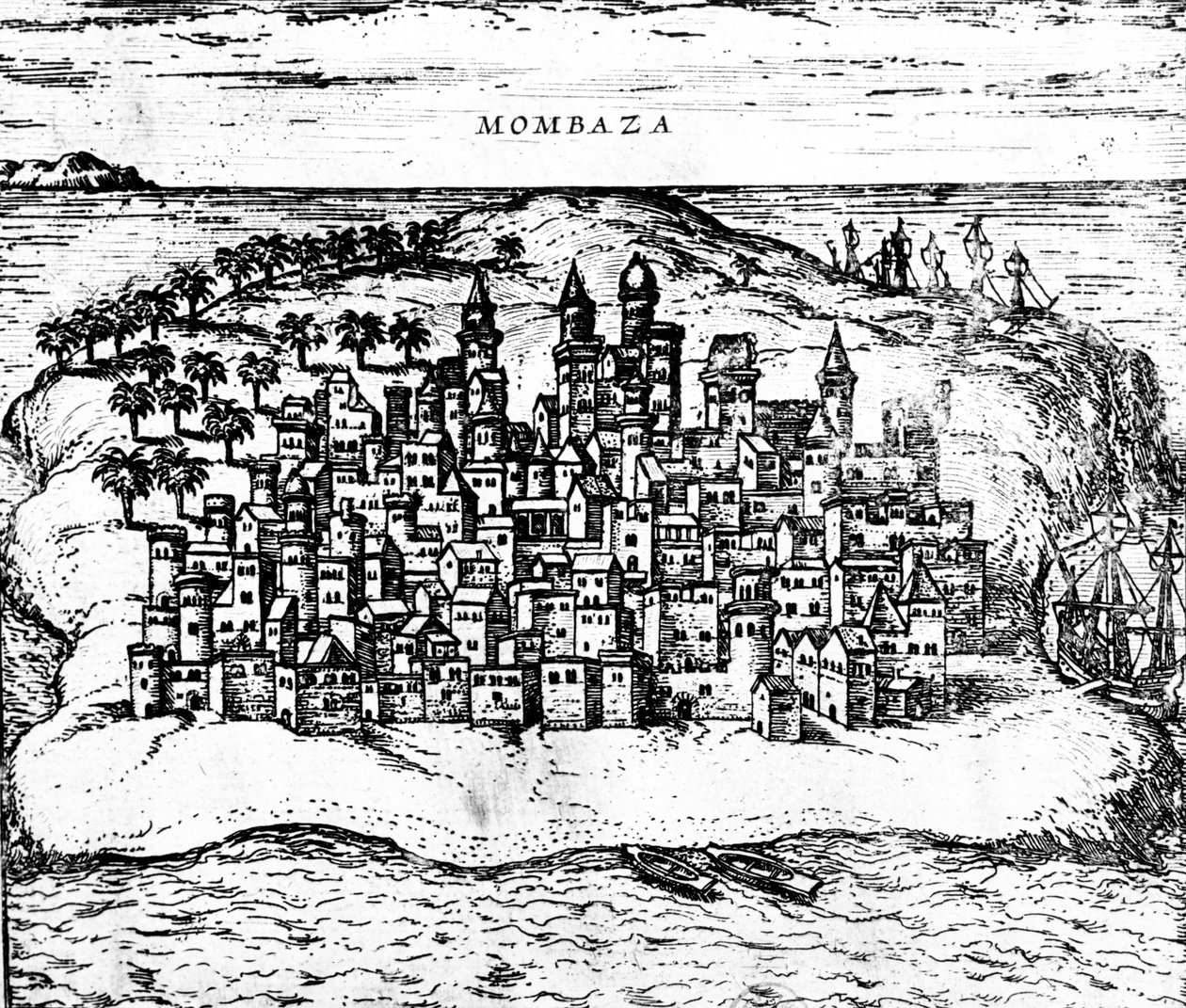 Utsikt over Mombaza, fra Georg Brauns Civitates orbis terrarum, publisert i 1572 graveringsdetalj av 483404 av Georg Braun und Franz Hogenberg