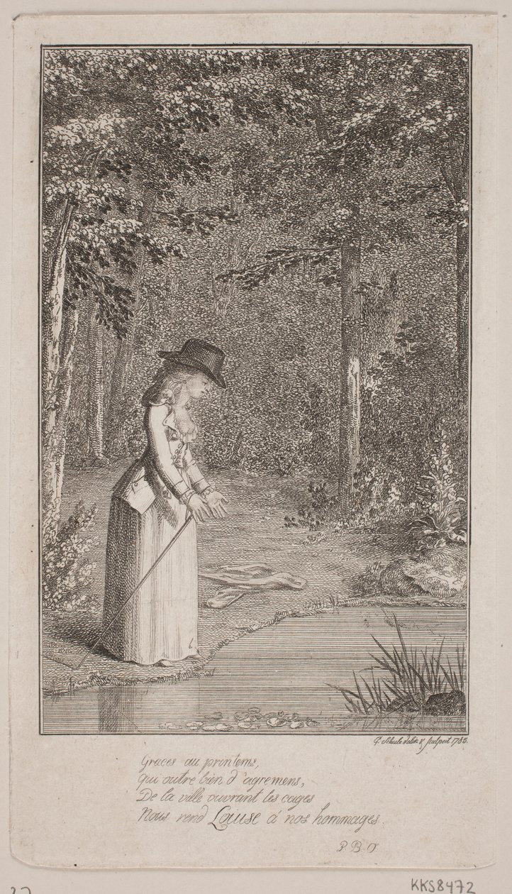 En ung dame står i en skog ved vannkanten av Georg Christian Schule