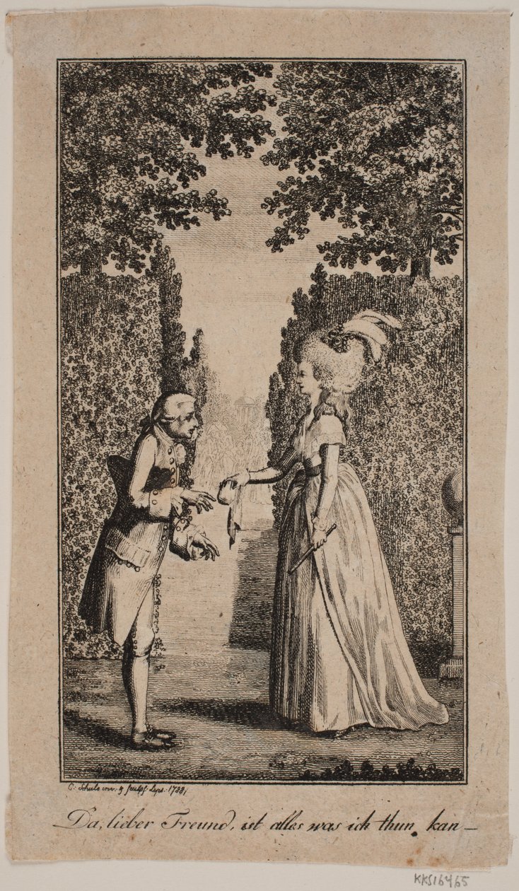 Illustrasjon med dame og herre i en park av Georg Christian Schule
