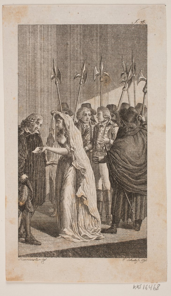 Illustrasjon av en ung dame som gir et brev til en eldre mann. I bakgrunnen to herrer omringet av byvakter av Georg Christian Schule