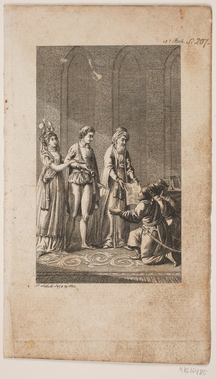 Illustrasjon med et ungt par med en orientalsk og tre knelende tyrkiske soldater av Georg Christian Schule
