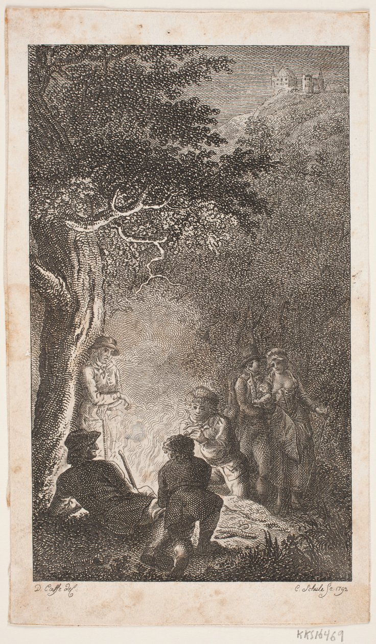 Illustrasjon med figurer rundt et bål av Georg Christian Schule