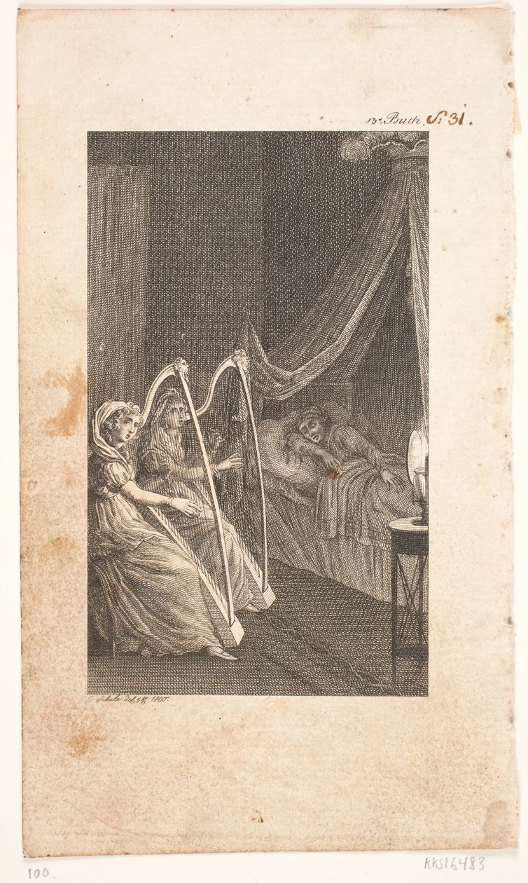 Illustrasjon med harpespillere av Georg Christian Schule