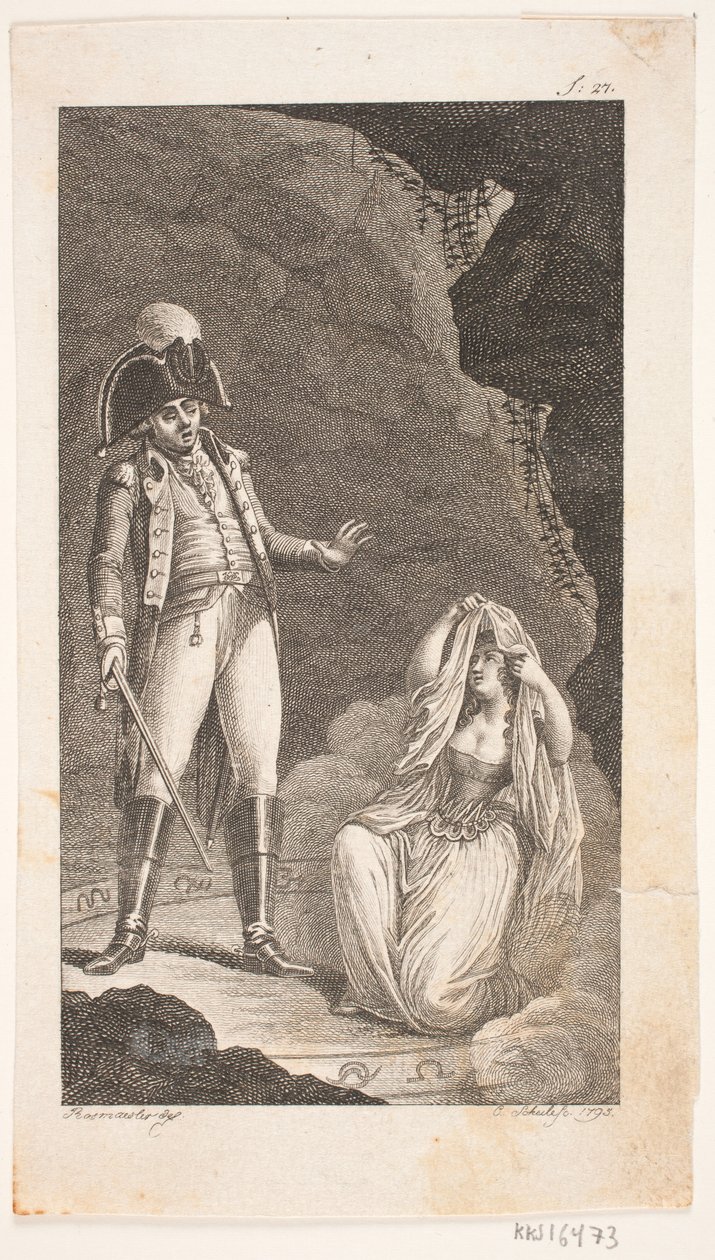 Illustrasjon med offiser og knelende dame av Georg Christian Schule
