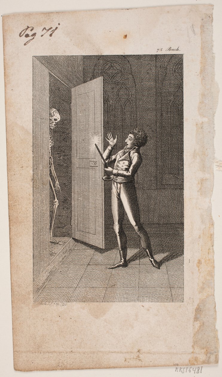 Illustrasjon med ung mann og skjelett av Georg Christian Schule