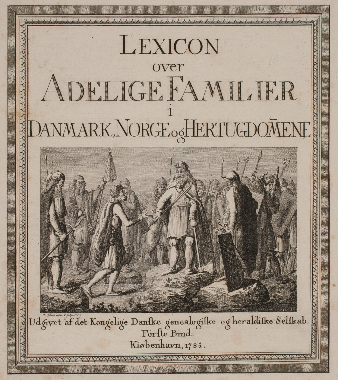 Tittelside for "Leksikon over adelsfamilier i Danmark, Norge og hertugdømmene" av Georg Christian Schule