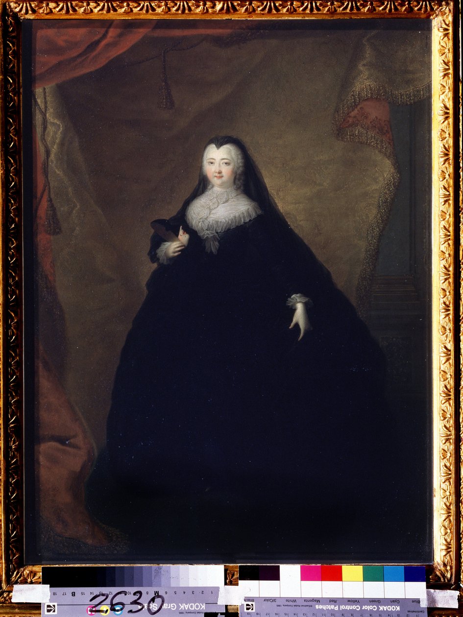""Portrett av Elisabeth Petrovna (1709-1762) keiserinne av Russland under navnet Elisabeth I, datter av Peter den store"" Hun er forkledd, holder en maske i hånden. Maleri av Georg-Christoph (Georg Christoph) Grooth (1716-1749) 1748 State Tretyakov G av Georg Christoph Grooth