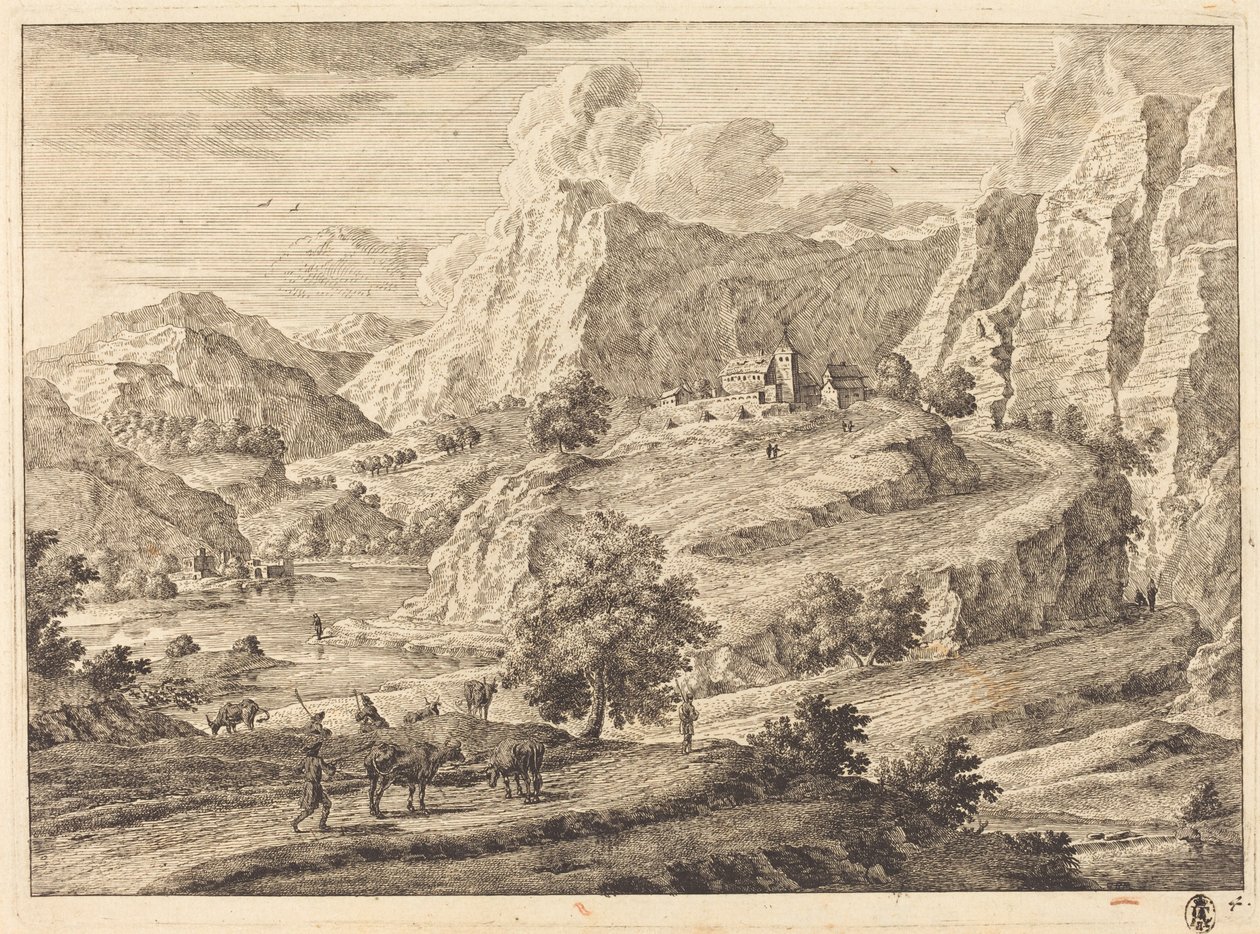 Fjelllandskap med figurer og et kloster av Georg Eisenmann