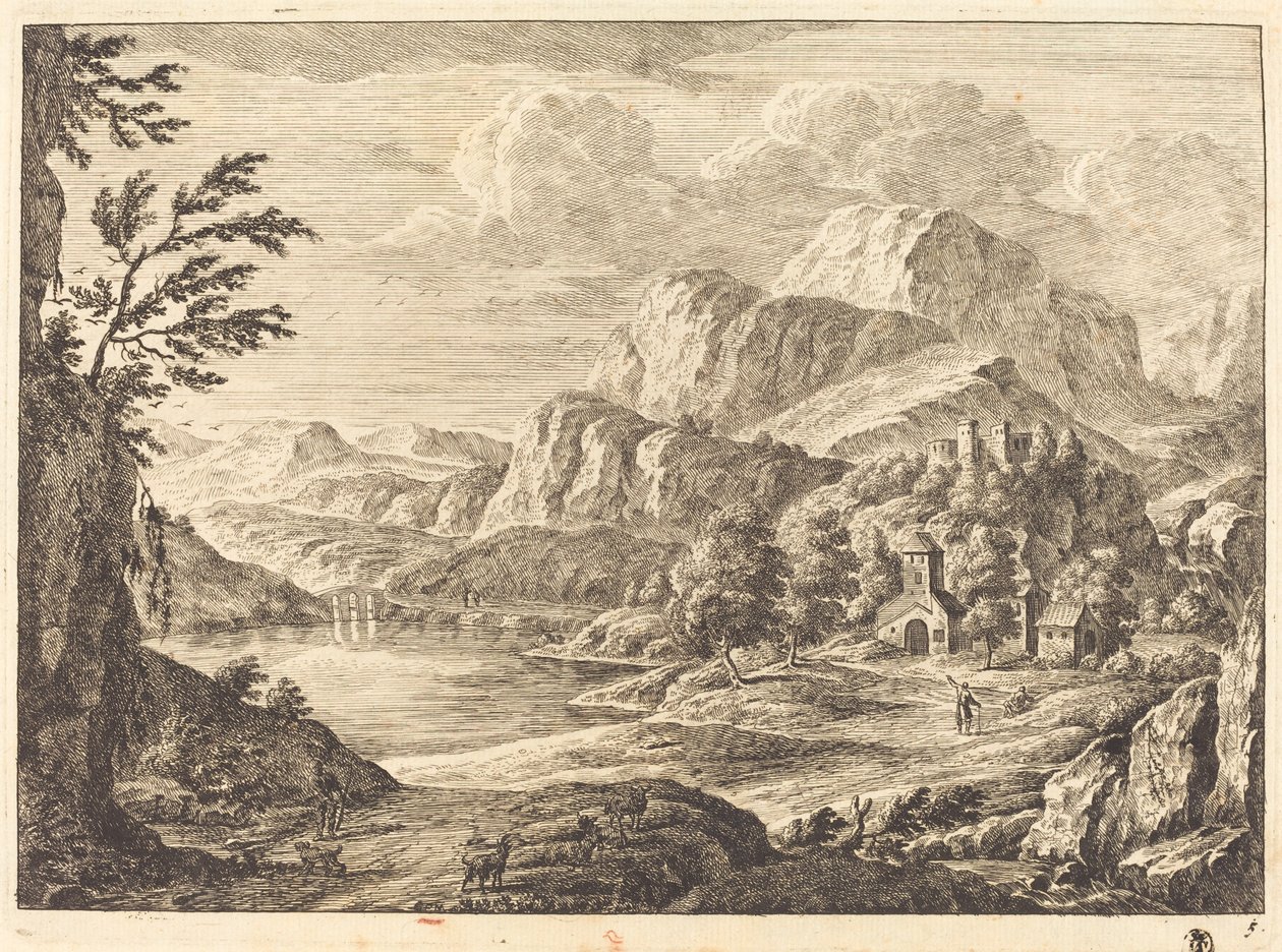 Fjelllandskap med et ødelagt slott og en buet bro i det fjerne av Georg Eisenmann