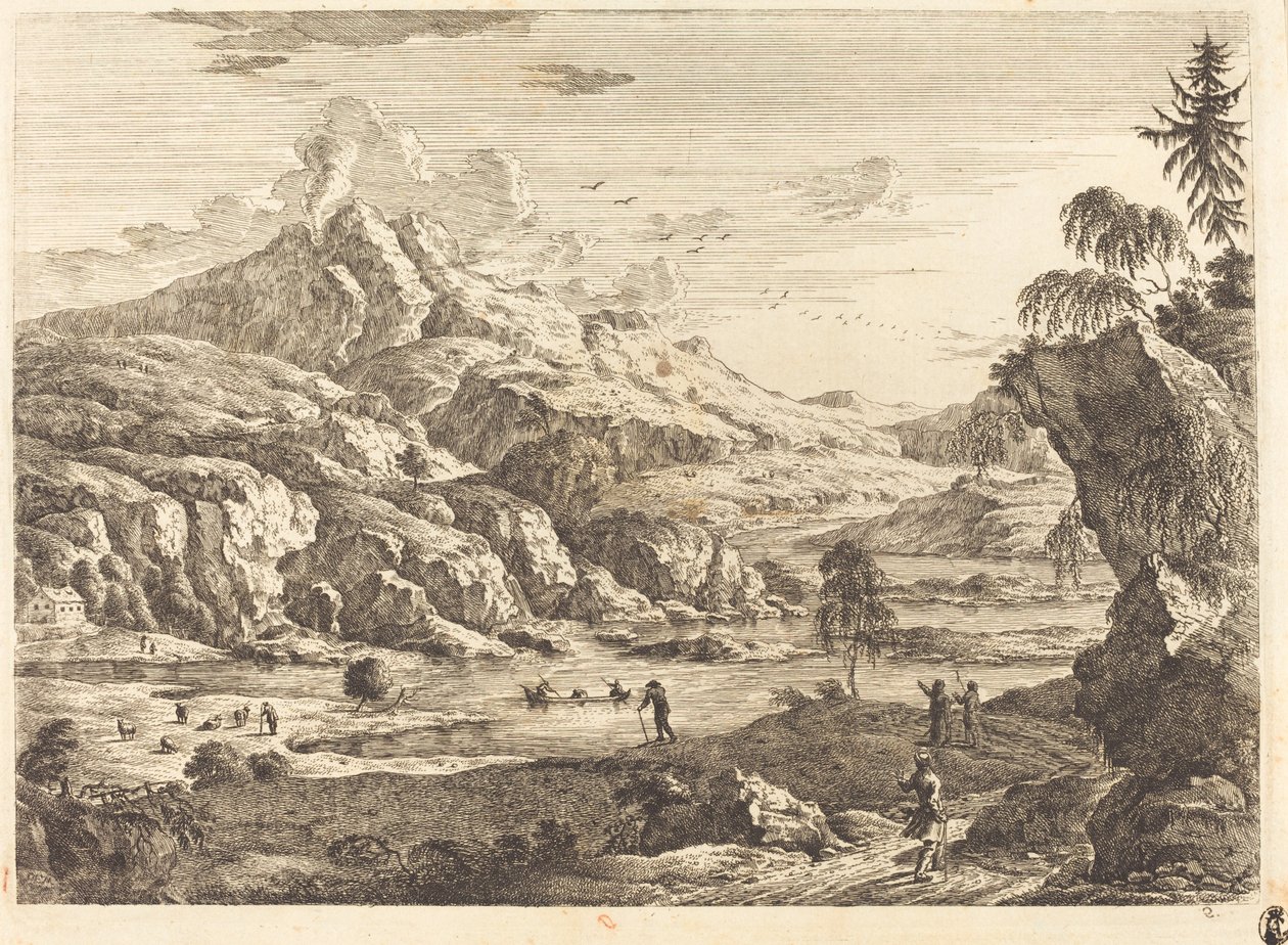 Fjellrikt elvelandskap med figurer av Georg Eisenmann
