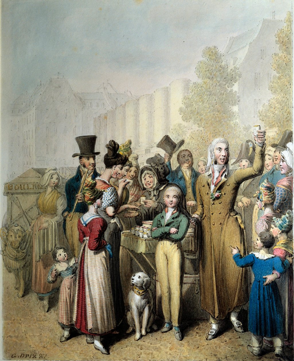 Boulevard de la Madeleine, sjarlatan Litografi av George Emanuel Opitz (1775-1841) 1831 Paris. Karnevalsmuseet av Georg Emanuel Opitz