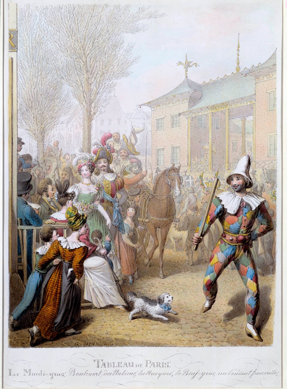 Mardi Gras på Boulevard des Italians i Paris Illustrasjon av George Emanuel Opitz (1775-1841) Paris fra 1800-tallet, Musee Carnavalet av Georg Emanuel Opitz