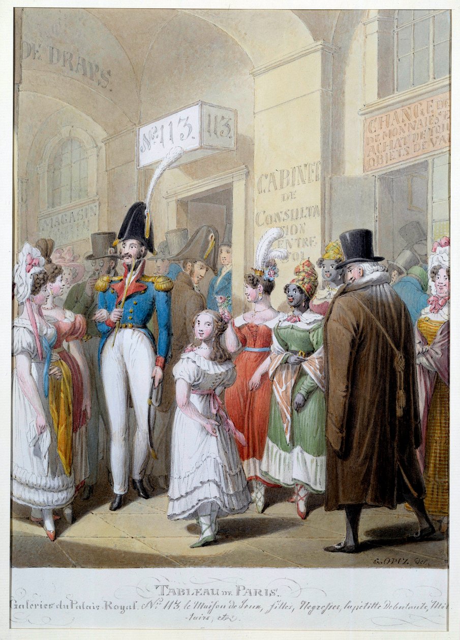 Maleri av Paris: galleriene til Palais Royal i Paris. Menns tur gjennom den overbygde passasjen for å møte prostituerte. Illustrasjon av George Emanuel Opitz (1775-1841) Paris fra 1800-tallet, Musee Carnavalet av Georg Emanuel Opitz