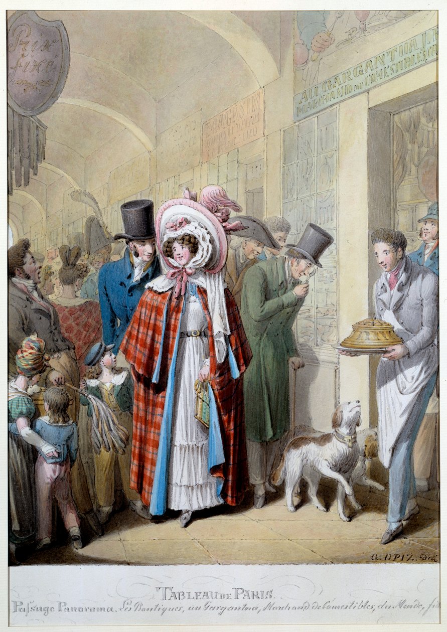 Passasjepanorama: 'Au gargantua: kjøpmann av spiselige du Mondains, forbipasserende, kjøpmenn og misereux i et galleri i 3. arrondissement i Paris. Gravering av George Emanuel Opitz (1775-1841) Paris fra 1800-tallet, Musee Carnavalet av Georg Emanuel Opitz