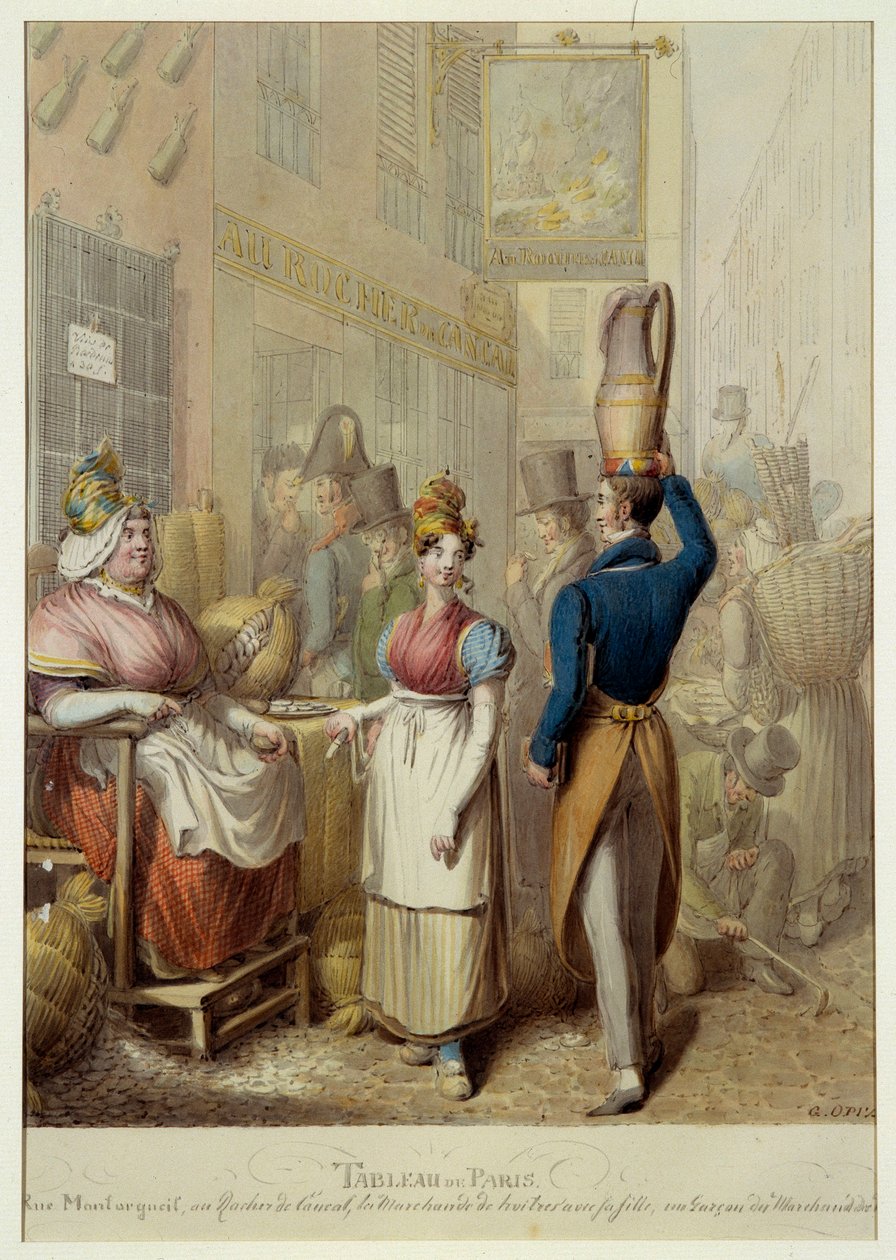 Maleri av Paris: rue de la rue Montorgueil og kaférestaurant "Le Rocher de Cancale"" i Paris. Gatehandlere og forbipasserende. Litografi av den tyske George Emanuel Opitz (1775-1841) av Georg Emanuel Opitz