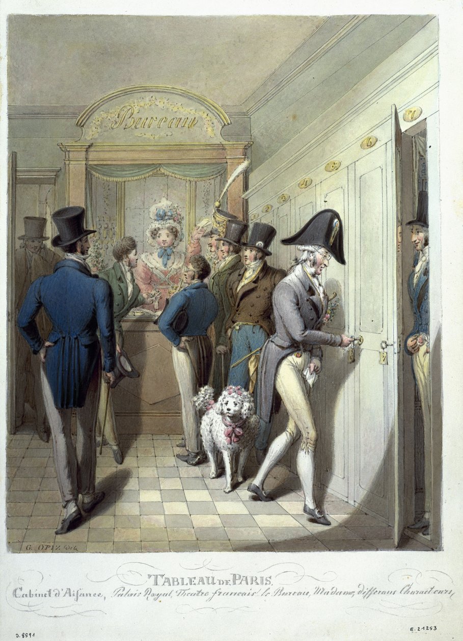 Kontoret til Theatre Francais, fra Tableau de Paris, 1815-30 (wc på papir) av Georg Emanuel Opitz