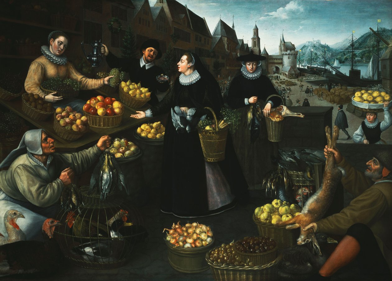 En allegori om høsten: En frukt- og grønnsaksbod over Weinmarkt i Frankfurt, av Georg Flegel