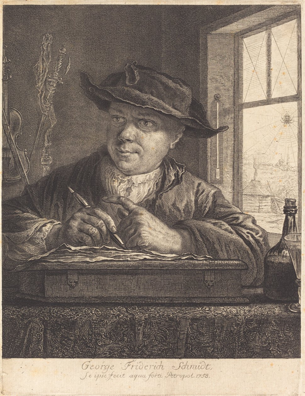 Selvportrett med en edderkopp i vinduet av Georg Friedrich Schmidt