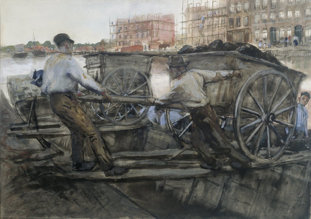 Arbeidere som trekker en tungt lastet vogn på Jacob van Lennepkade, Amsterdam, 1900 av George Hendrik Breitner
