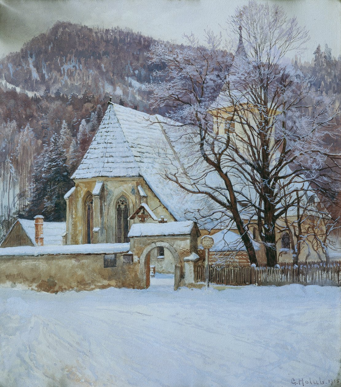 Vinter i Rosenthal nær Kapellen (Styria) med en gammel gotisk kirke av Georg Holub