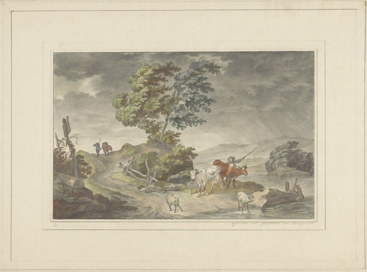 Kupert landskap med storfegjetere og turgåere mot en truende himmel av Georg Lamprecht (possibly)