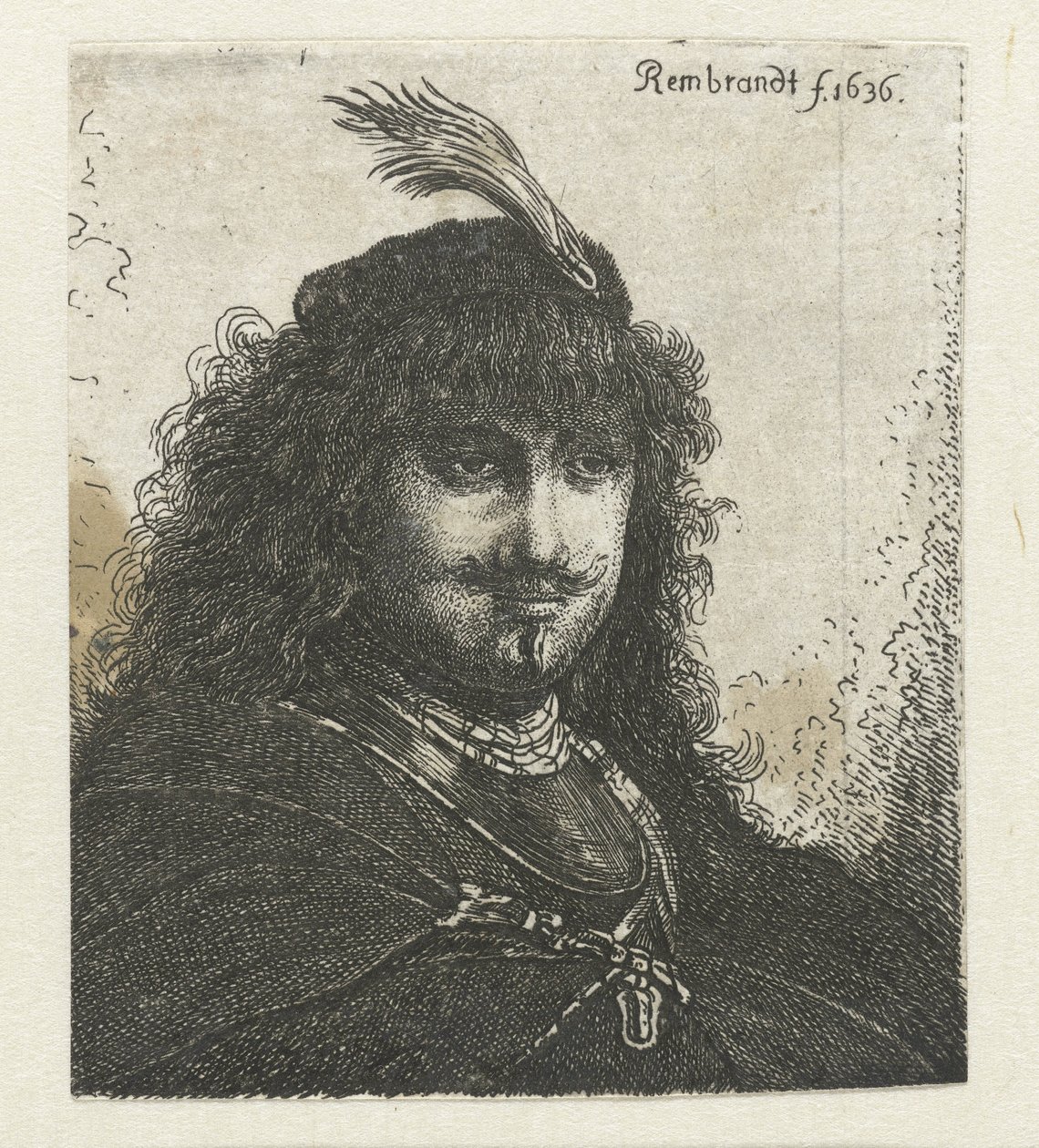 Selvportrett (?) med plymerhette og senket sabel av Georg Leopold Hertel