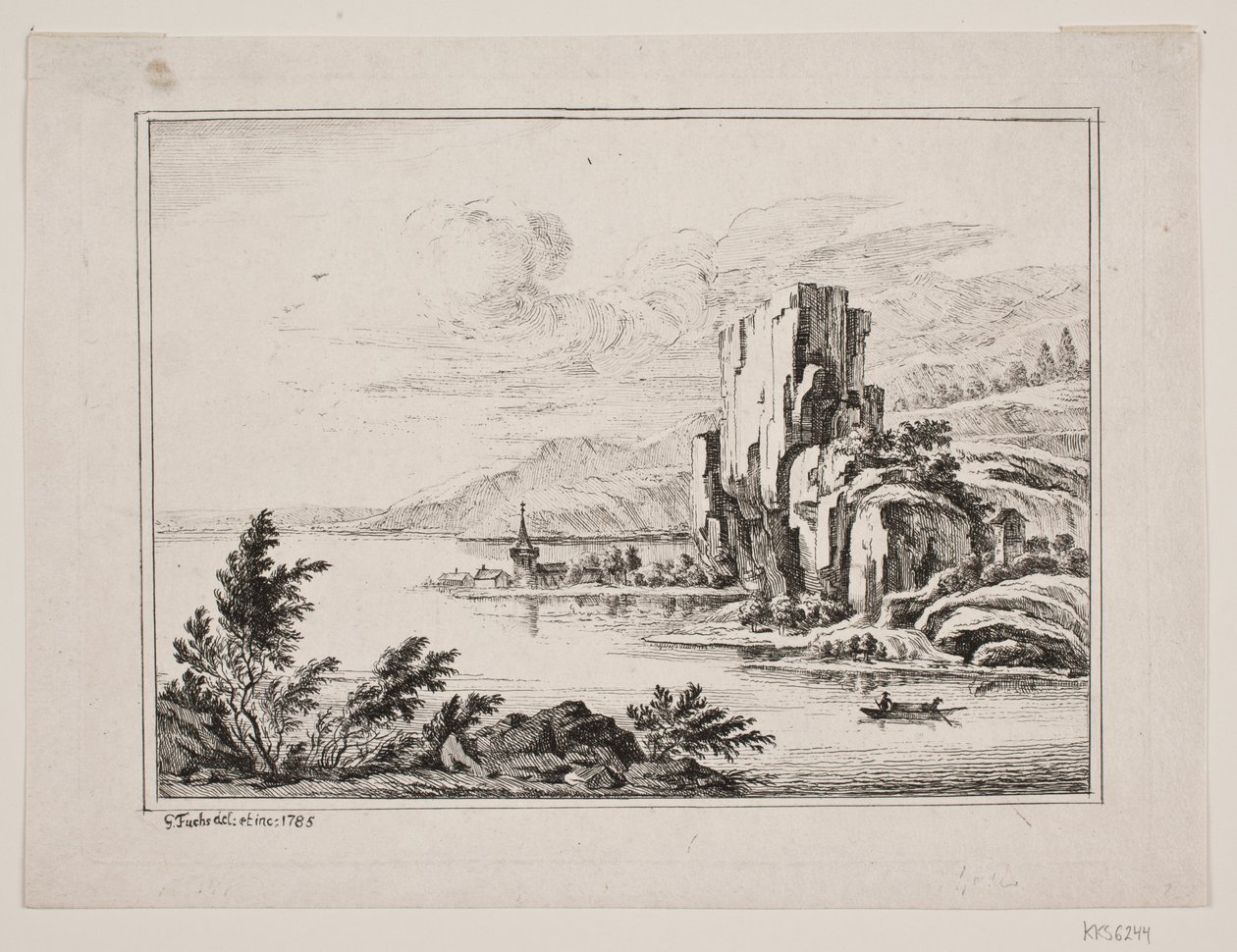 Fjelldel ved en innsjø av Georg Mathias Fuchs