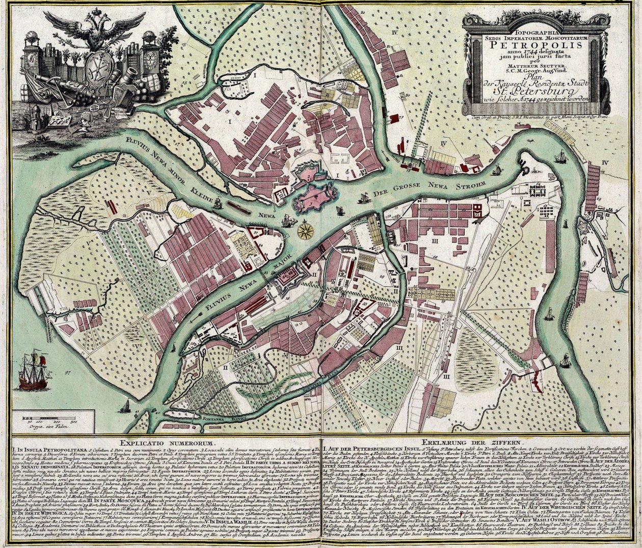 Kart over St. Petersburg (Russland) - Verk av Matthaeus Seutter (1678-1757), gravering og akvarell av Georg Matthäus Seutter