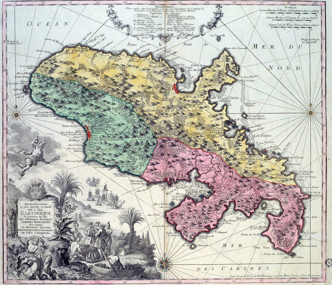 Detaljert kart over øya Martinique i Vestindia. Gravering av Matthew Seutter (1678-1757) Chartres fra 1700-tallet, Musee des Beaux Arts av Georg Matthäus Seutter