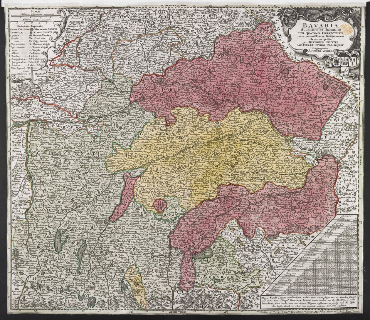 Kart over Bayern, ca. 1757 (farget gravering) av Georg Matthäus Seutter